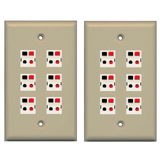RiteAV 6 Port Speaker Jack Single Gang Wall Plate for Home Theater - Ivory - 2 Pack