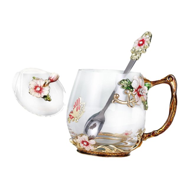 Taza de té esmaltada con cuchara, taza de café, taza de leche, con tapa, taza de vidrio para San Valentín, niñas, día de la madre, esposa, amantes del S