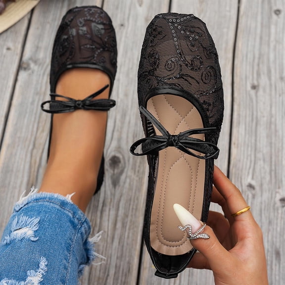 Jamicy Women's Ballet Flat Shoes Floral Lace Mesh Comfortable Dressy Round Closed Toe Bow Ballerina Dress Shoes Casual Outerwear Shoes