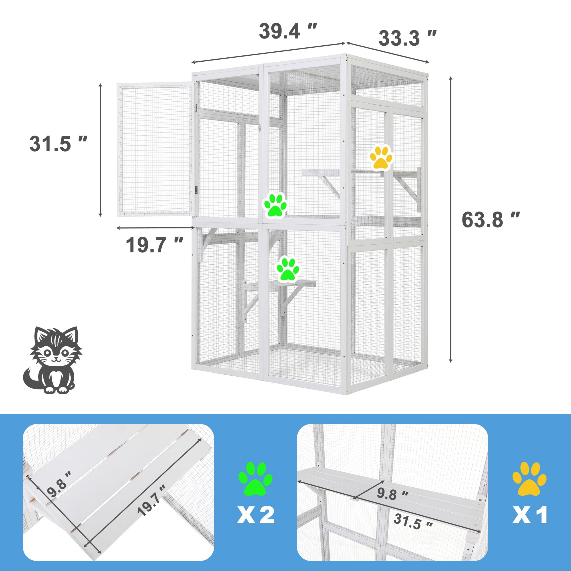 Demi Bonn 64" Outdoor Cat House, Large Cat Condo for Feral Cats Wooden Outside Cat Cage Weatherproof with Platforms, White