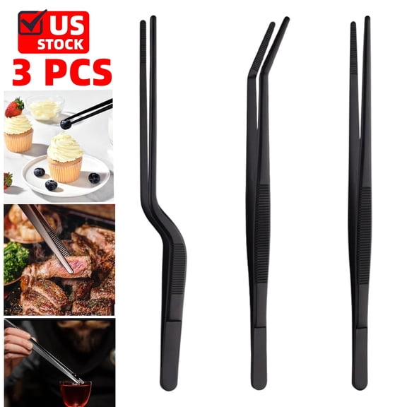 3PCS Kitchen Tweezers For Cooking, Black Long Cooking Tweezers Stainless Steel 3 Chef Precision Tongs For Plating, Decorating, Food Design, Bar And Multi-Purpose