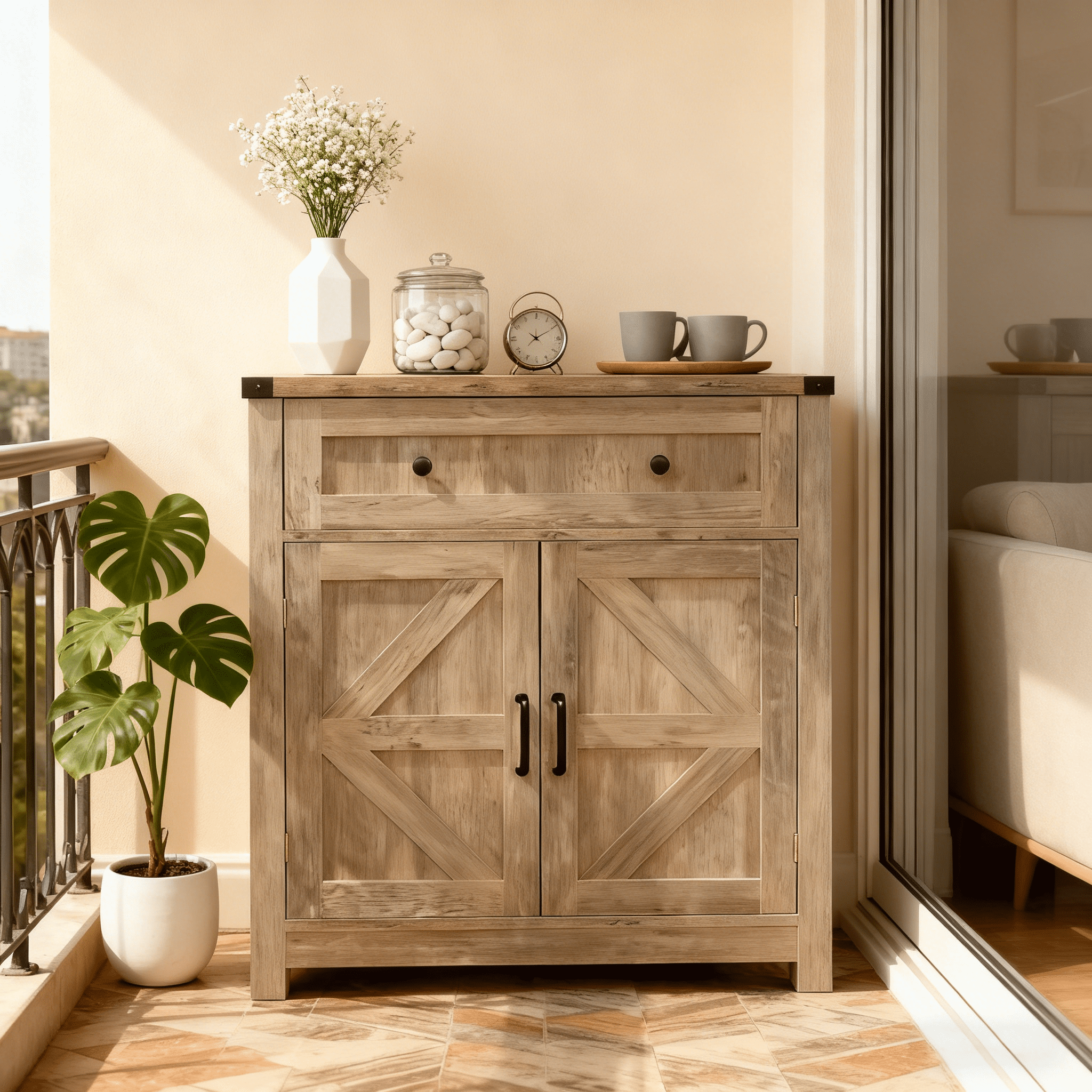 Mintazer Farmhouse Sideboard Cabinet with Barn Doors & Drawer, Rustic Storage Cabinet for Kitchen & Living Room, Grey