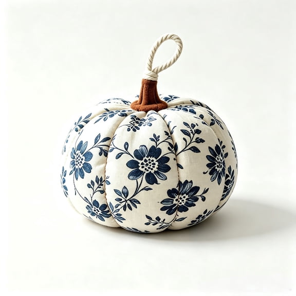 Lypsnake Blue & White Floral Fabric Pumpkin, Soft Stuffed Chinoiserie Cloth Pumpkin Decor, Vintage Floral Tabletop Ornament for Fall Thanksgiving Home Layout