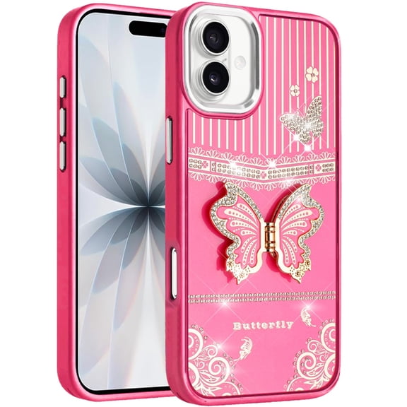 For Apple iPhone 17 (6.3") Glitter Butterfly Case with 3D Stand Sparkle Hybrid Metallic Edges Protective Phone Cover Slim Fit Hot Pink]