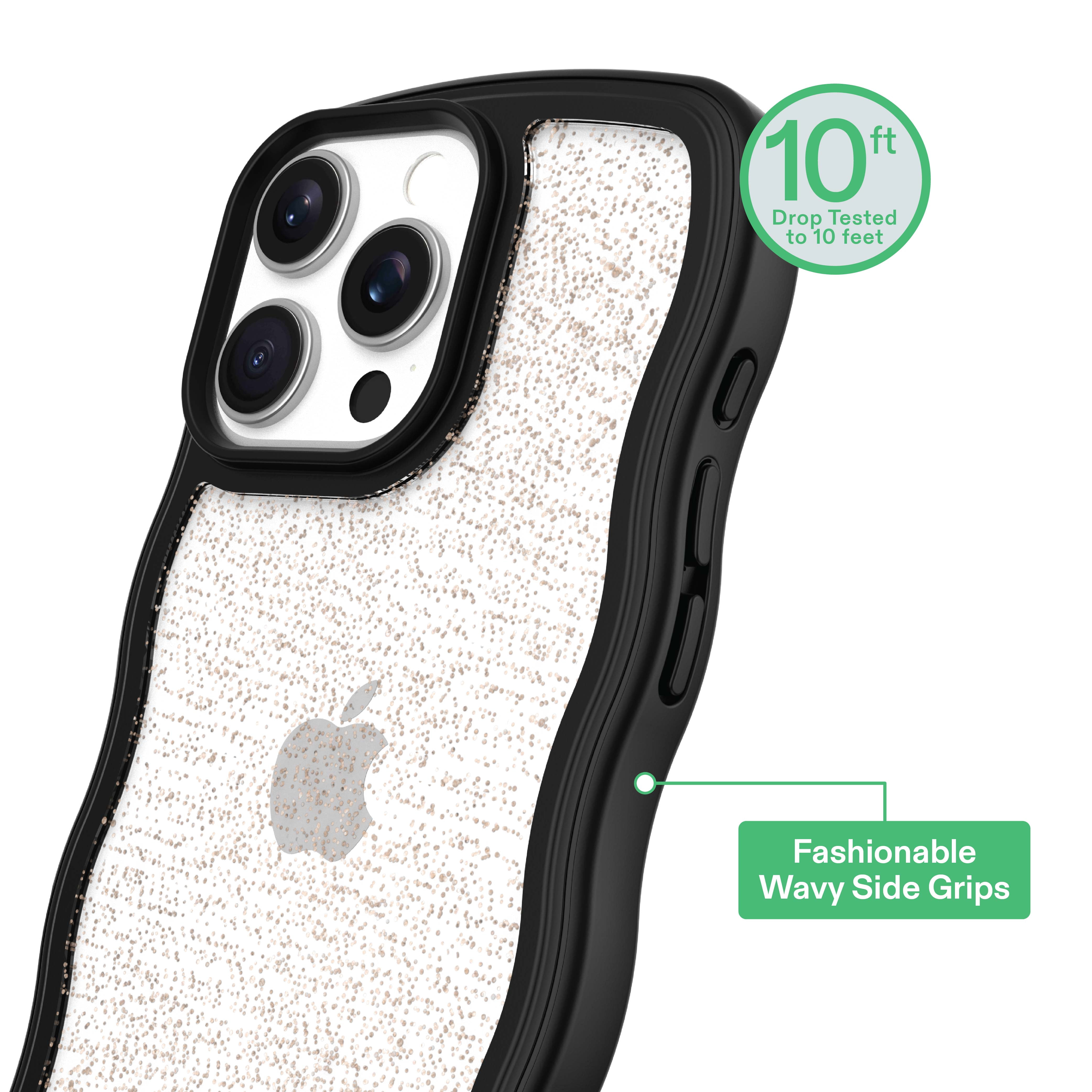 onn Wavy Grip Phone Case for iPhone 16 Pro - Black/Gold Glitter