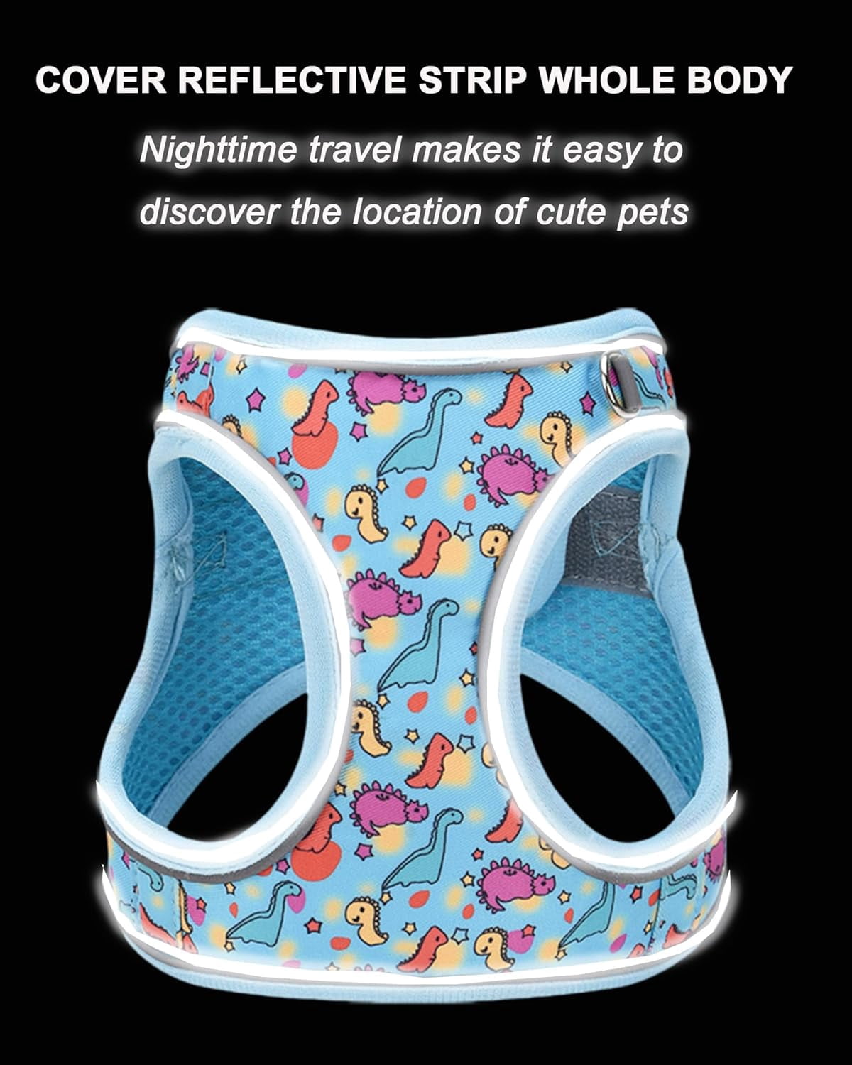 M Blue Dinosaur Pattern Dog Harness and Leash Set,No Escape Puppy Harnesses for Training Walking，Breathable Adjustable Puppy Vest for Small Medium Dogs, Cats (Blue, M)