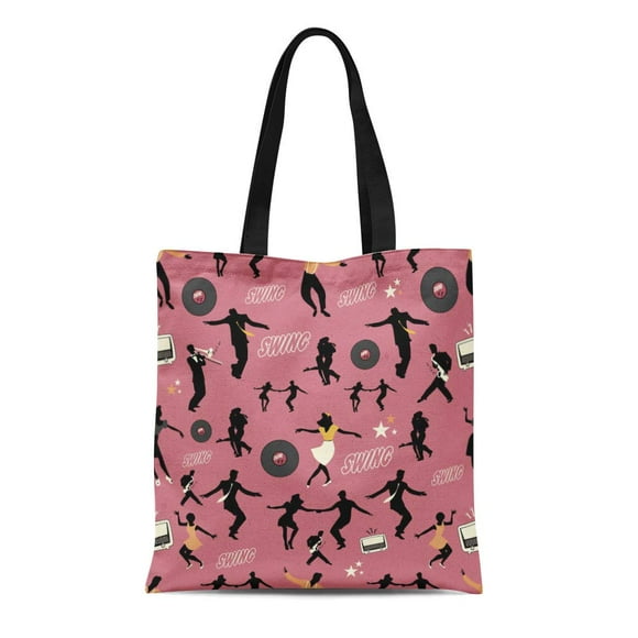 POGLIP Canvas Tote Bag Colorful 1940S Swing Dance Pattern Dancers and Musicians Retro Durable Reusable Shopping Shoulder Grocery Bag