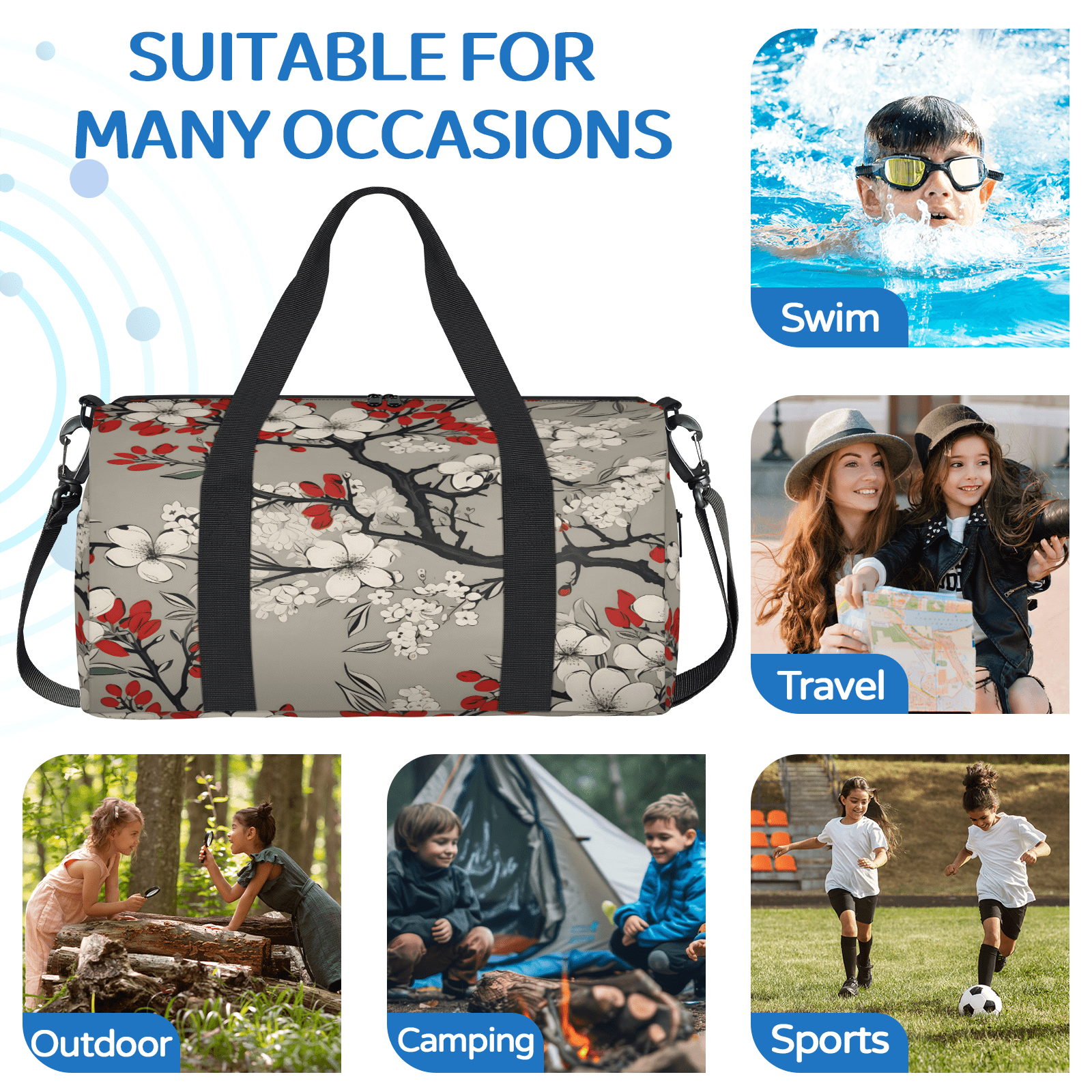 Herdesigns Japanese Cherry Blossom Gym Bag for Women, Duffle Bag for Travel Sport, Lightweight Waterproof Carry on Weekender Overnight Dance Yoga Workout Bags