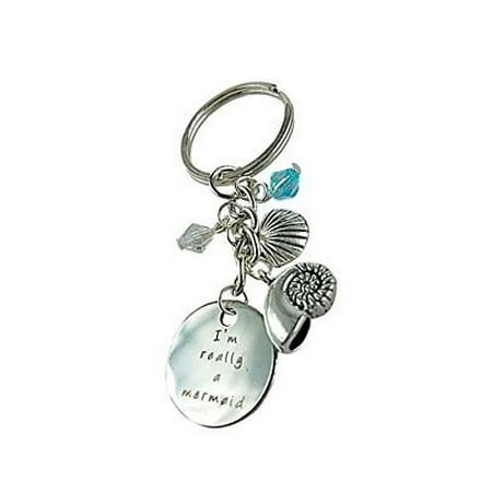 - Art Attack Silvertone I'm Really A Mermaid Sea Shell Water Ocean Blue Bead Pendant Keychain