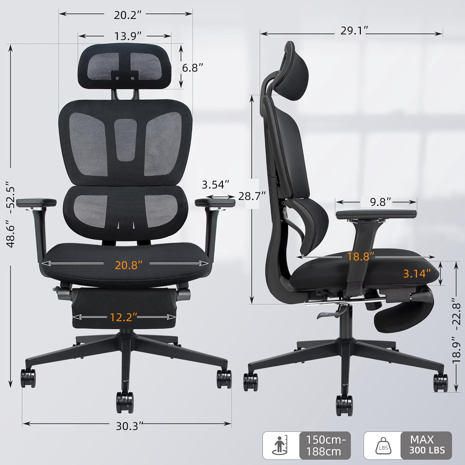 Ergonomic Office Chair with Footrest, High-back Computer Chair with Dynamic Lumbar Support, 2D Headrest & 4D Armrests, Sponge Cushion & Mesh Back, Home Office Chair for Adults, Black