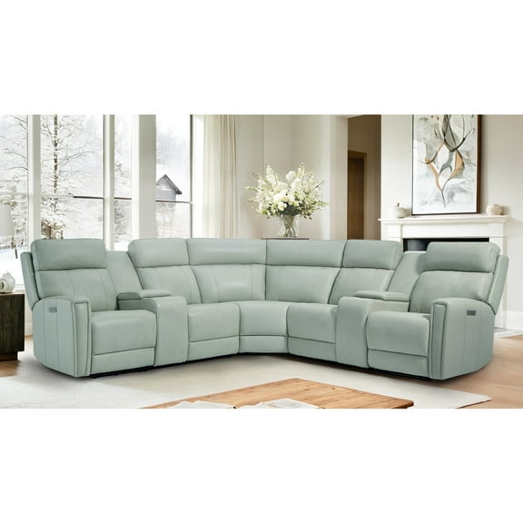 Genuine Leather Dual-Power Reclining Sectional Sofa with two Consoles, 5-Seat L-Shaped Sectional with Zero Gravity, USB/Type-C Ports & Modular Design
