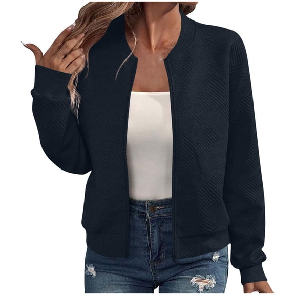 Women Lightweight Long Sleeve Zip Up Jacket Casual Loose Bomber Quilted Hoodie Outwear Coat Fall 2025 Full Sweatshirt