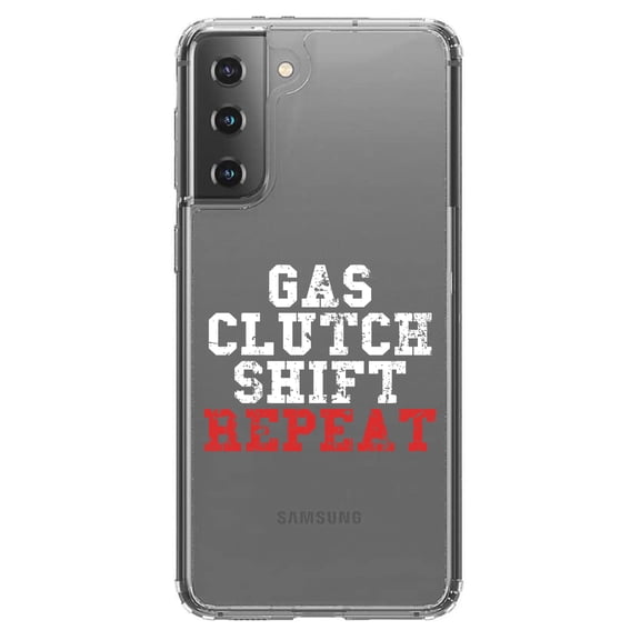 DistinctInk Clear Shockproof Hybrid Case for Galaxy S21  PLUS 5G (6.7" Screen) - TPU Bumper Acrylic Back Tempered Glass Screen Protector - Gas Clutch Shift Repeat