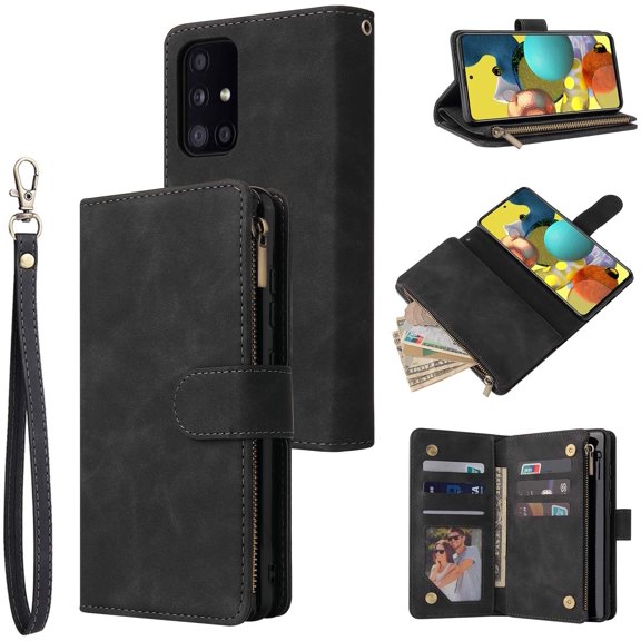 Wallet Case for Samsung Galaxy A52 4G/5G A52S 5G, Premium Vintage PU Leather Magnetic Closure Handbag Zipper Pocket Case Kickstand Card Slots with Wrist Strap Shockproof Flip Cover - Black