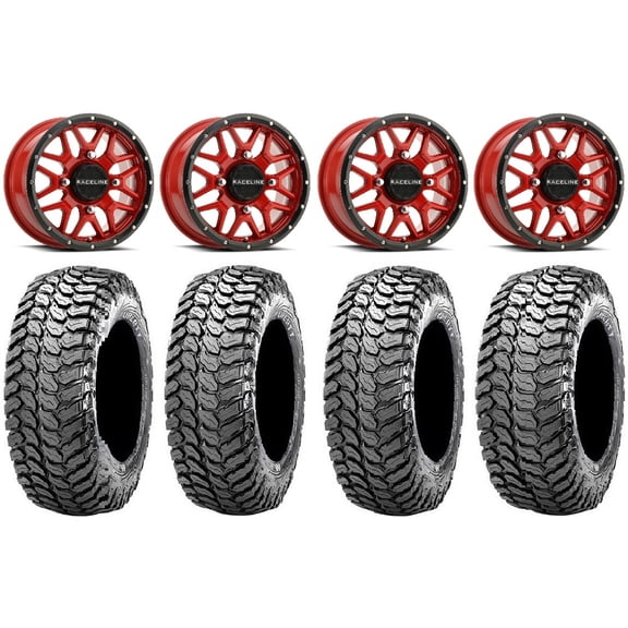 Raceline Krank 15" Wheels Red 32" Liberty Tires Can-Am Maverick X3 / Honda Pioneer 1000 / Talon