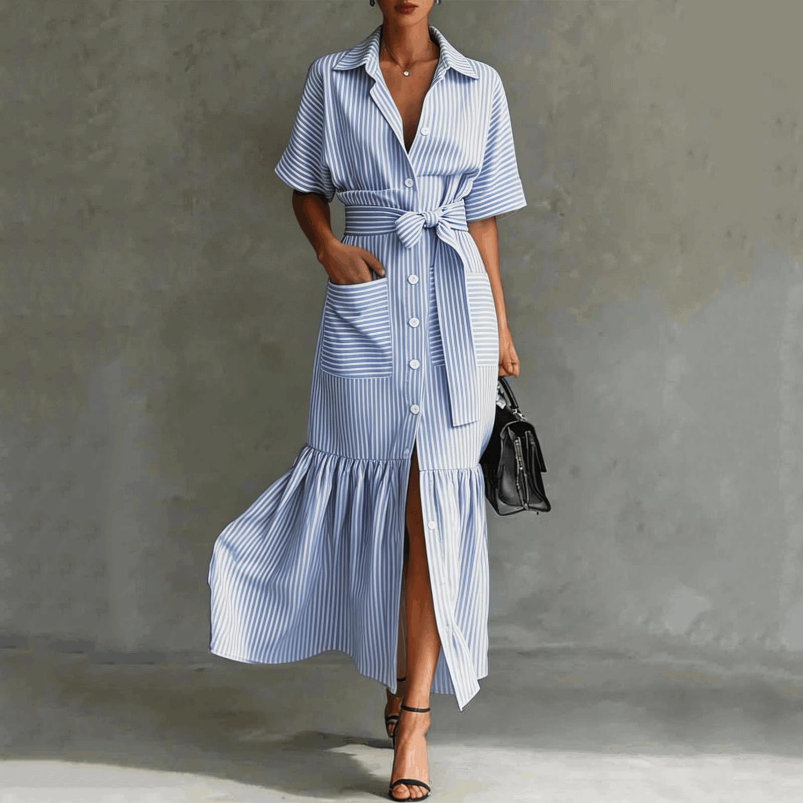 Jane Wardrobe Women's Casual Striped Short Sleeve Shirt Dress Loose Fit Midi Length Ruffled Hem Belted Waist With Pockets For Daily Brunch 1 Pc Sizes S M L XL XXL Pink Purple Blue Black Green Khaki