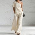 thumbnail image 2 of Women's 2 Piece Outfit One Shoulder Top and High Waist Wide Leg Pants Set, Textured Washed Crinkle Lounge Set, Casual Boho Flowy Matching Set for Summer White XS, 2 of 6