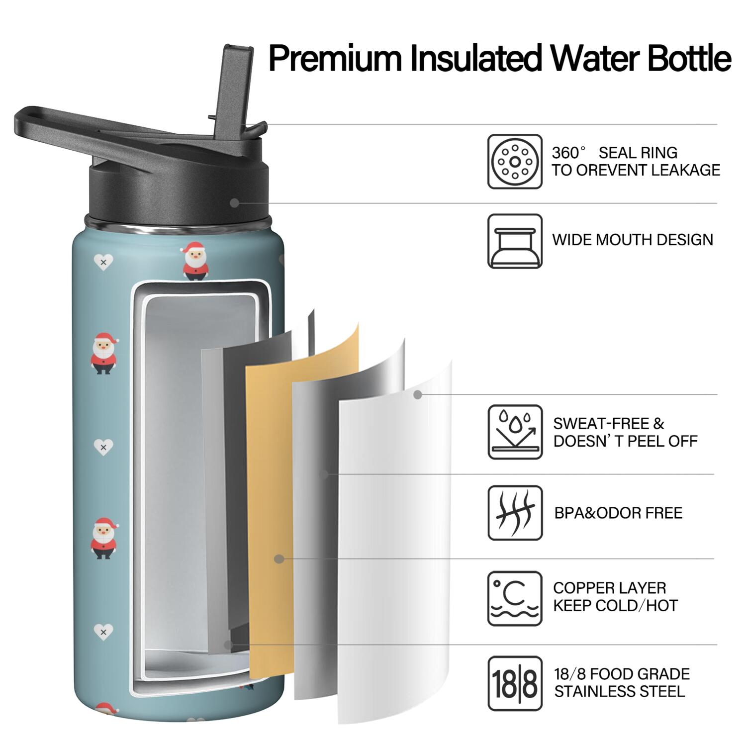 Christmas 18 oz Insulated Stainless Steel Water Bottle with Straw & Cleaning Brush , Leakproof, BPA-Free, 304 Stainless Steel, Wide Mouth, Travel Mug for Car, Gym, Office