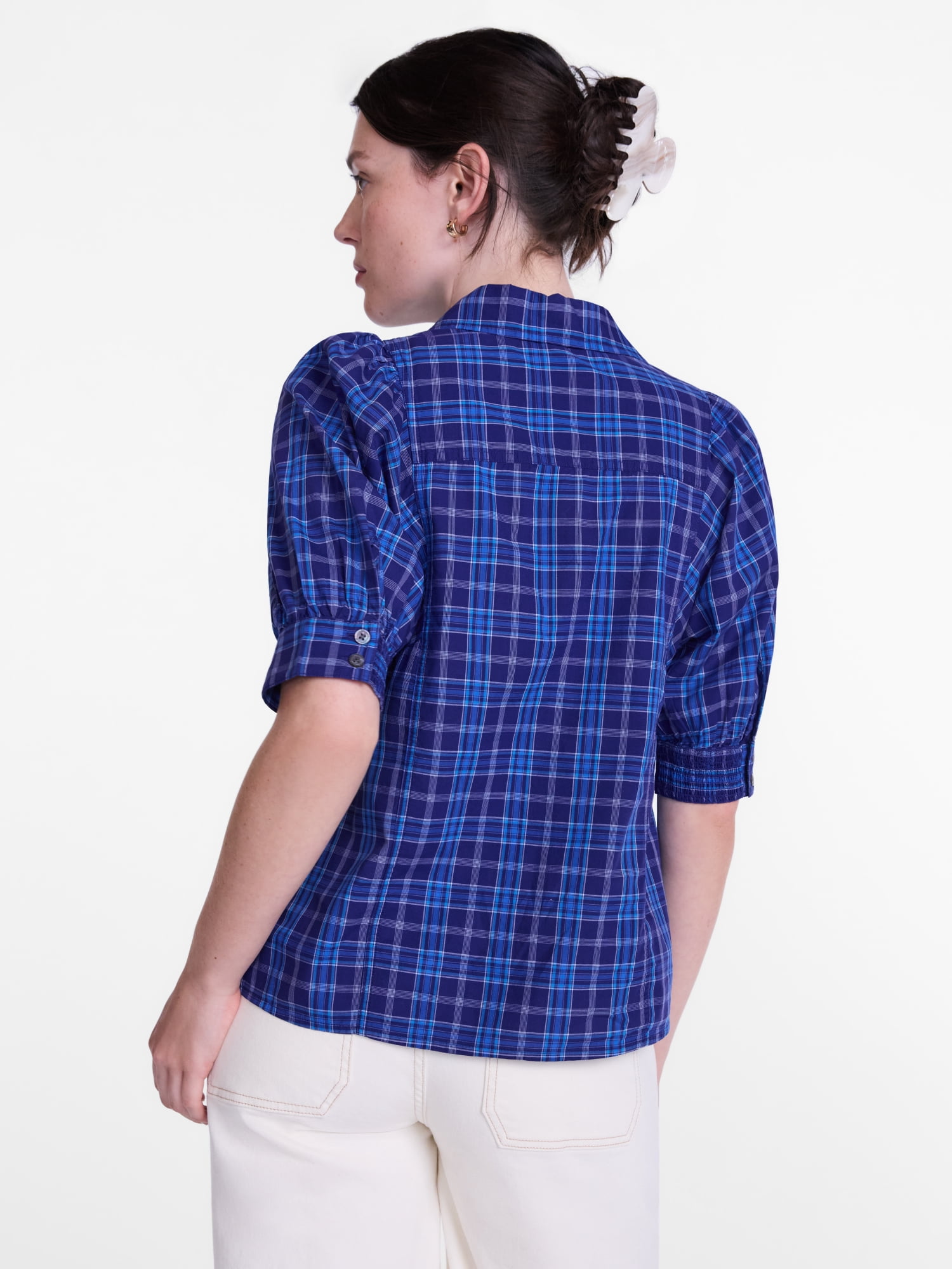 Scenario Women's Button Front Shirt with Puff Sleeves, Sizes XS-XXXL