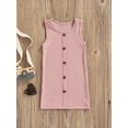 thumbnail image 2 of Gzhioc Kid Girl Sleeveless Dress, Plain Color Round Neck Button Decor Stripe Pattern Dress, Casual Simple One-Piece Clothes,Pink/Apricot/Black, 2 of 8