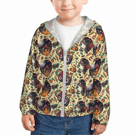 

Ocsxa Fashion Hippie Girl Print Kids Active Zipper Sun Protection Jacket Boys Girls Hooded Cooling Shirt-5 Years
