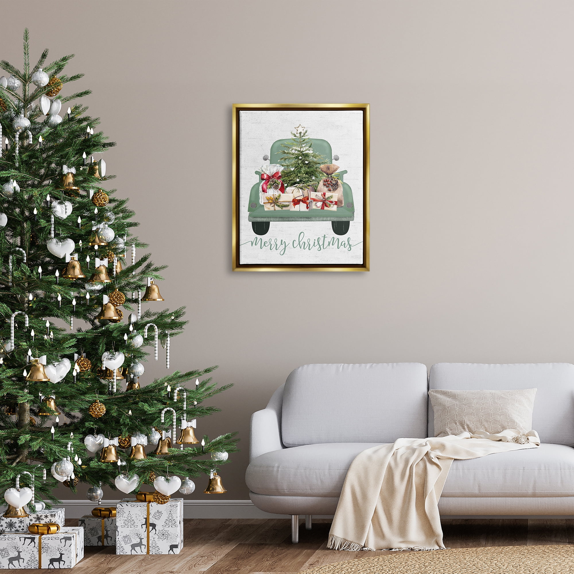 Stupell Industries Merry Christmas Truck Holiday Painting Gold Floater Framed Canvas Art Print Wall Art, 25 x 31