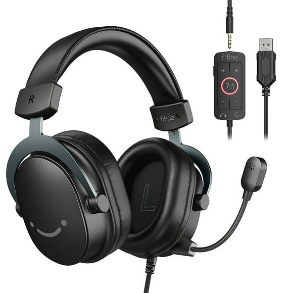FIFINE Casque de Jeu pour PC, Casque USB avec Son Surround 7.1, Microphone Détachable, Boîtier de Commande, Prise pour Écouteurs 3,5 mm, Casque Filaire Circum-Aural pour PS5/Xbox/Switch, Noir-Ampligame H9