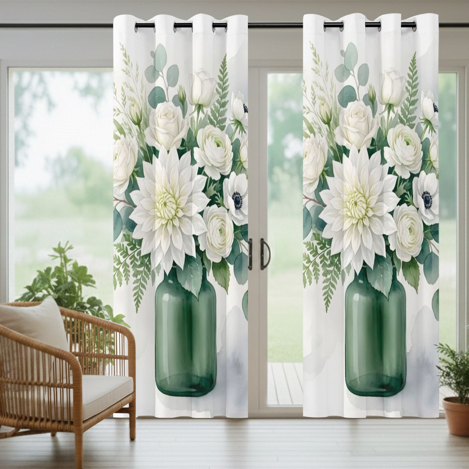 White Dahlia Rose Flower Outdoor Curtains for Patio, Eucalyptus Leaf Green Vase Botanical Sunshade Privacy Drapes Grommet Waterproof Outside Curtains for Porch/Cabana/Balcony 54"x 108", 1 Panel