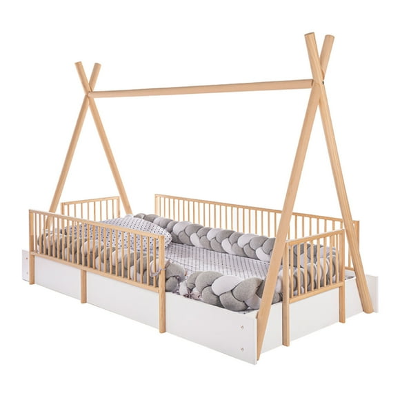 Cama Tipi Montessori Con Barandales De Madera Individual