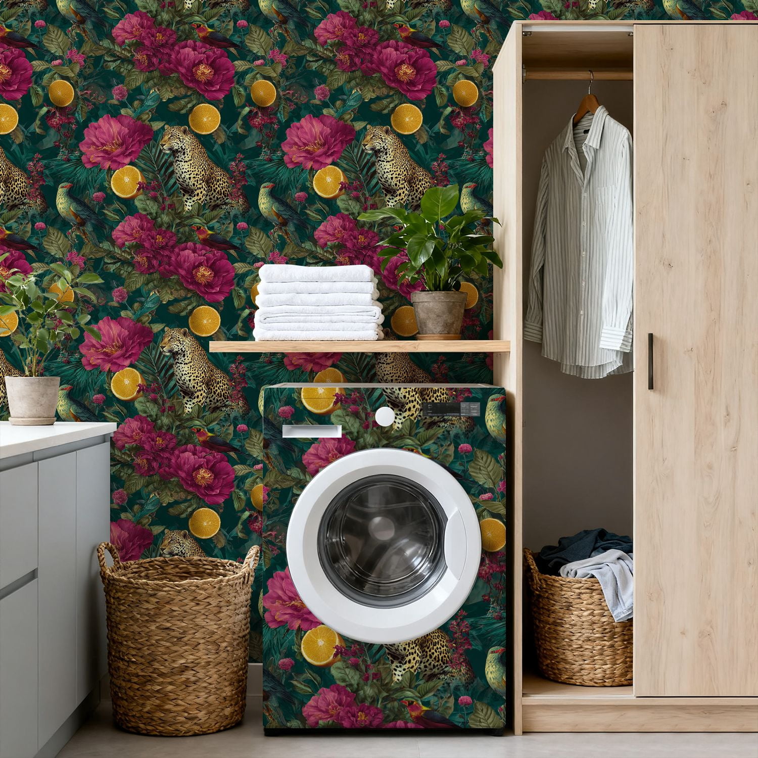 Peel and Stick Wallpaper Vibrant Jungle Leopards Large Pink Flowers Citrus Wall Mural 17.7in x 9.8ft Self Adhesive Removable Wall Paper Renter Friendly Wallpaper for Nursery Bedroom Cabinets