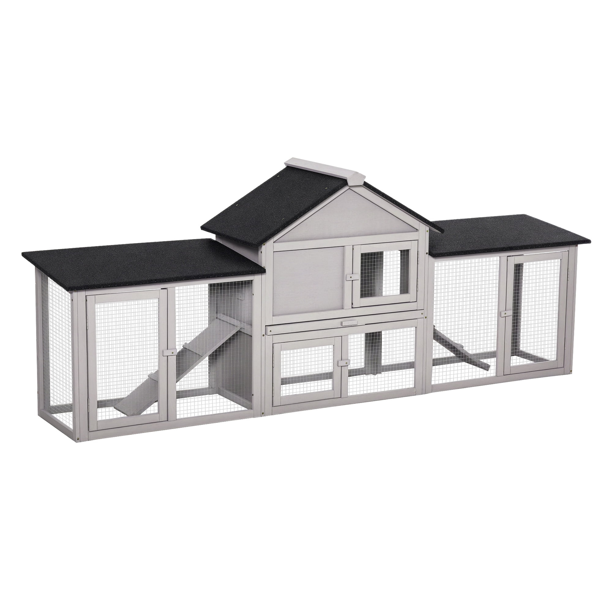 Rabbit Hutch 83" 2 Story Outdoor Wooden Bunny House Large XL Cage w/ Run & Ladder - Gray
