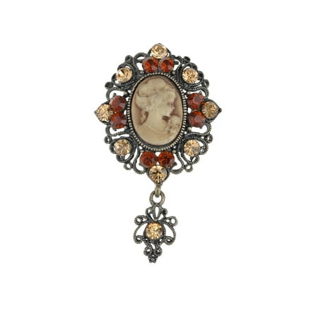 Floral Cameo Pin - Elegant Smoke Light Dark Topaz Crystal Rhinestone Cameo Maiden Custom Pin Brooch