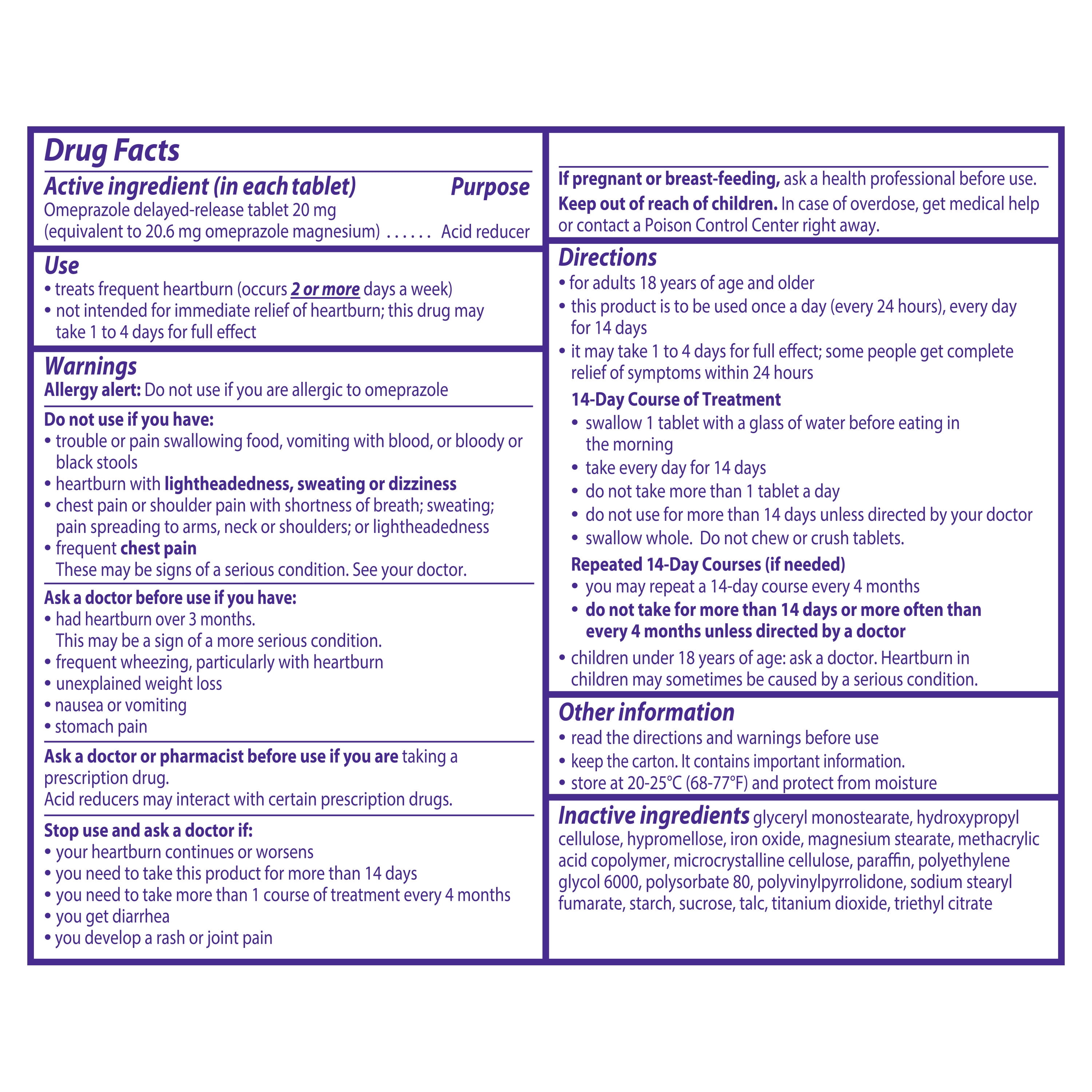 Prilosec OTC 24 Hour, Omeprazole Delayed-Release Tablets, 20mg Acid Reducer, 42 Tablets (3 Pack of 14 Tablets)
