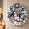 thumbnail image 4 of Snowman Pom Pom Christmas Wreath, Pastel Blue Pom Pom Christmas Wreath, Snowman & Lighted Cabin Accent, Unique Winter Front Door Decoration, 4 of 6