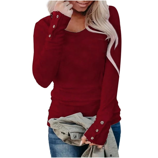 Moda mujer casual suelto pulóver botón de manga larga cuello redondo camisetas tops Pompotops gfhjh16024