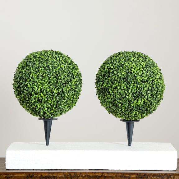 Nearly Natural 14in. Artificial Boxwood Ball Topiary with Integrated Ground Stake Set of 2