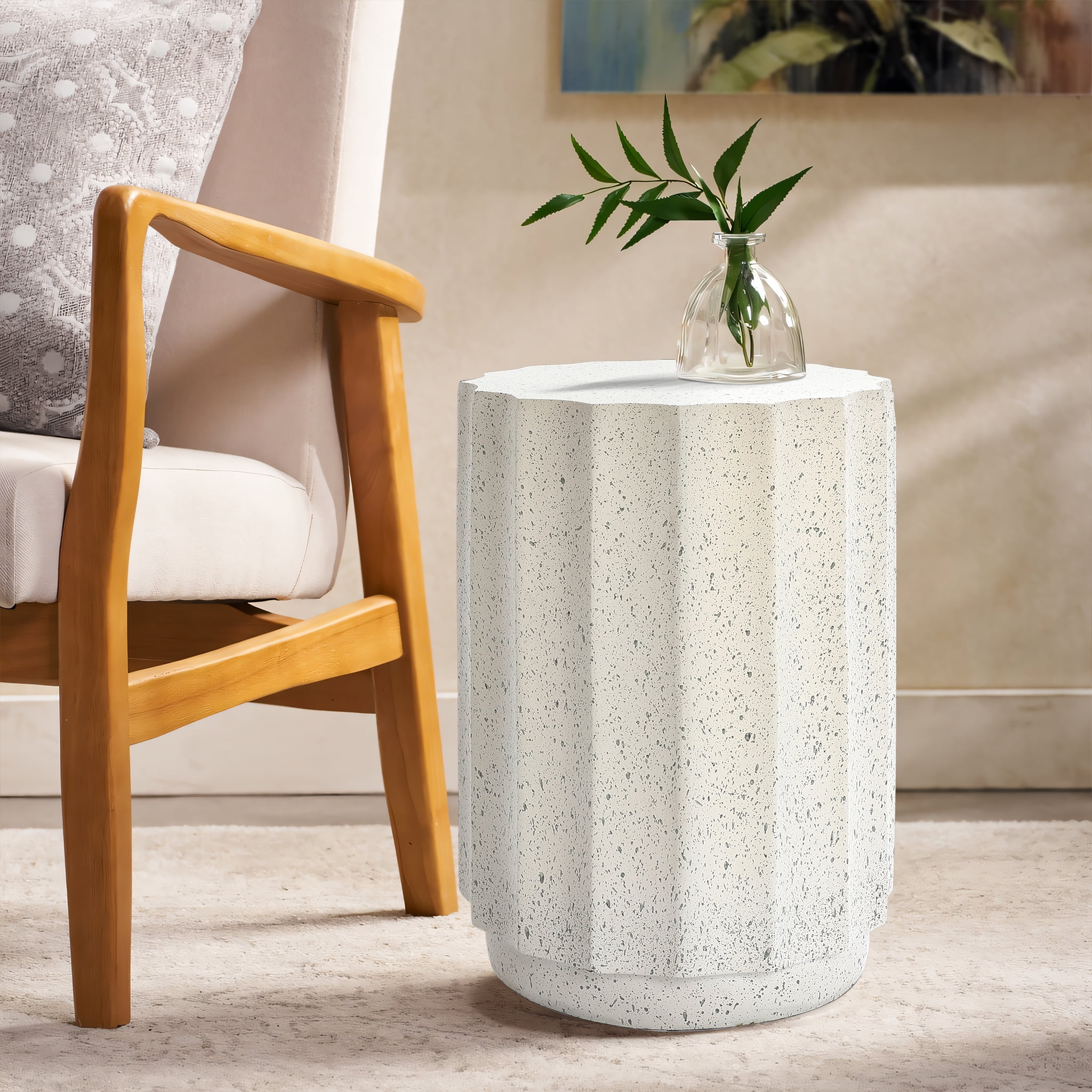 LuxenHome Outdoor Side Table, 18 Inch Cement End Tables for Patio, Garden Small Accent Decorative Stool, Tree Stump Stool Plant Stand Drum Table