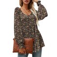 thumbnail image 1 of Blusa plisada de manga larga con cuello en V para mujer con puños ahumados, 1 of 6
