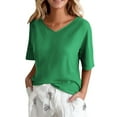 thumbnail image 5 of Helii T Shirts for Women V Neck Solid Color 3/4 Sleeve Tops Casual Loose Lightweight Linen Cotton Blouse for Spring Summer Fashion Clothing Green, 5 of 5