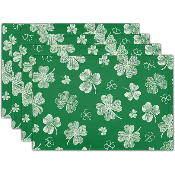 St. Patricks Day Placemats Set of 4 Spring Holiday Green Shamrock Washable Non-Slip Heat Resistant Place Mats 12x18 Inch Rustic Linen Table Mats for Kitchen Dining Party Decor