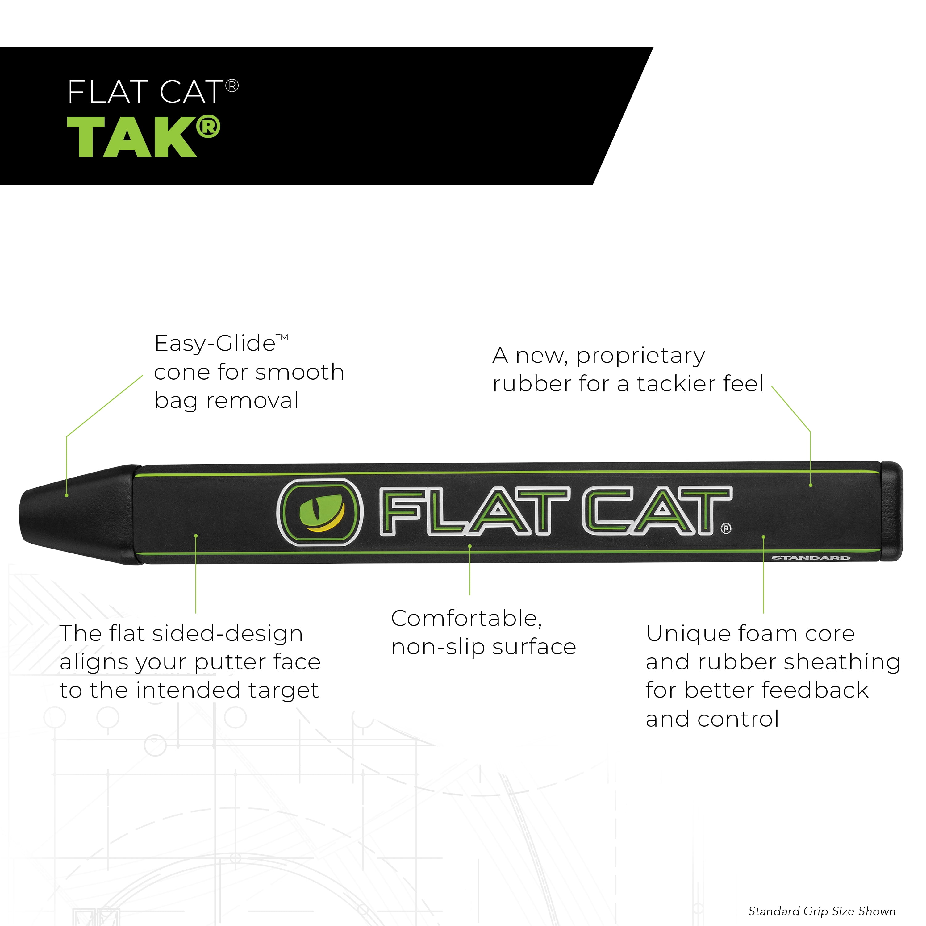 Flat Cat Tak Golf Putter Grip – Standard Size, Flat 1 Design with TRU Alignment, Tacky Rubber Feel