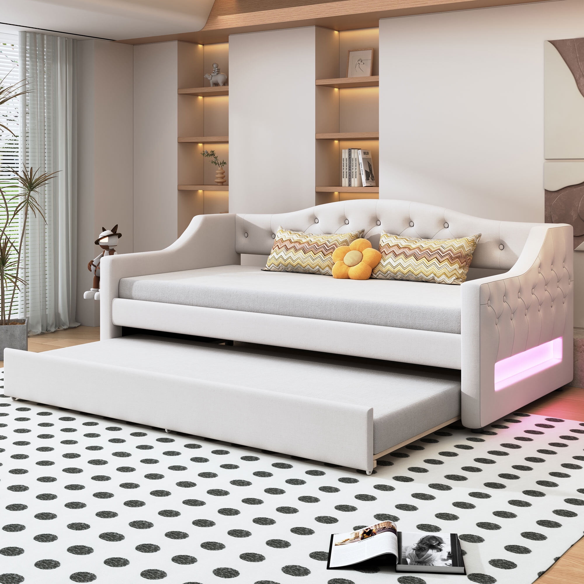Euroco Upholstery Twin XL Daybed with Trundle and LED Light, Beige