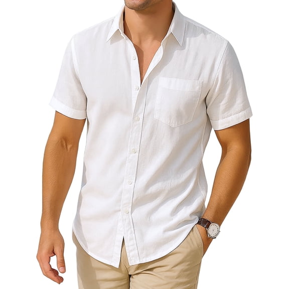 YEEKISUS Casual White Cotton Linen Texture Shirts for Mens Button Down Short Sleeve Shirt Hawaiian Beach Summer Vacation Tops Clothing With Pocket L