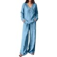 thumbnail image 2 of Guieoi Matching Outfits for Women Solid-Color Cotton-Linen Wide-leg Pants Set V-neck Button-down Long-sleeve Loose-fit Top + High-waisted Pants Two-Piece Set Blue M, 2 of 9