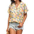 thumbnail image 3 of QAFOPEH Women Hawaiian Printed Lapel Collar Short Sleeve Single-Breasted Beach Top, 3 of 5