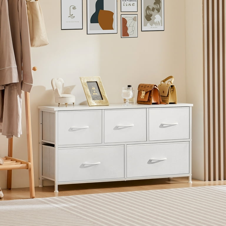 MCQ 5-Drawer Fabric Dresser with Metal Frame & Wood Top Storage Organizer for Bedroom, Closet, Entryway, White MCQ 5-Drawer Fabric Dresser with Metal Frame & Wood Top Storage Organizer for Bedroom, Closet, Entryway, White
