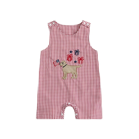 Qmyliery Boys 4th of July Tank Jumpsuit Sleeveless Round Neck Flag Dog Embroidery Plaid Romper 3 6 12 18 Months