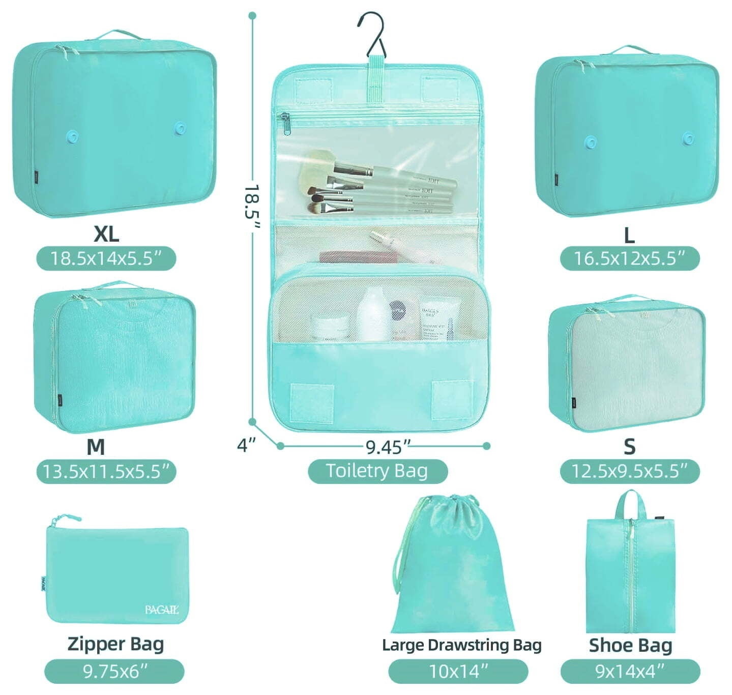 Packing Cubes 8Set, Travel Packing Organizers with Large Toiletries Bag for Clothes Shoes, Blue