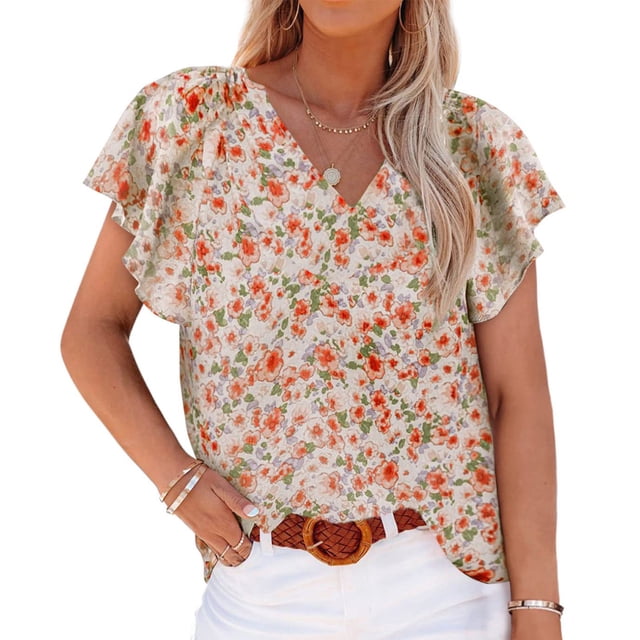 Blusas de mujer Casual Boho Estampado floral Cuello en V Manga corta Camisas sueltas elegantes Tops