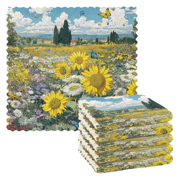 6 Pieces of Kitchen Towels 11x11Inch Kitchen Dish Cloths Kitchen Dish Towels Reuseable Cleaning Cloths Sunflower Field Butterflies